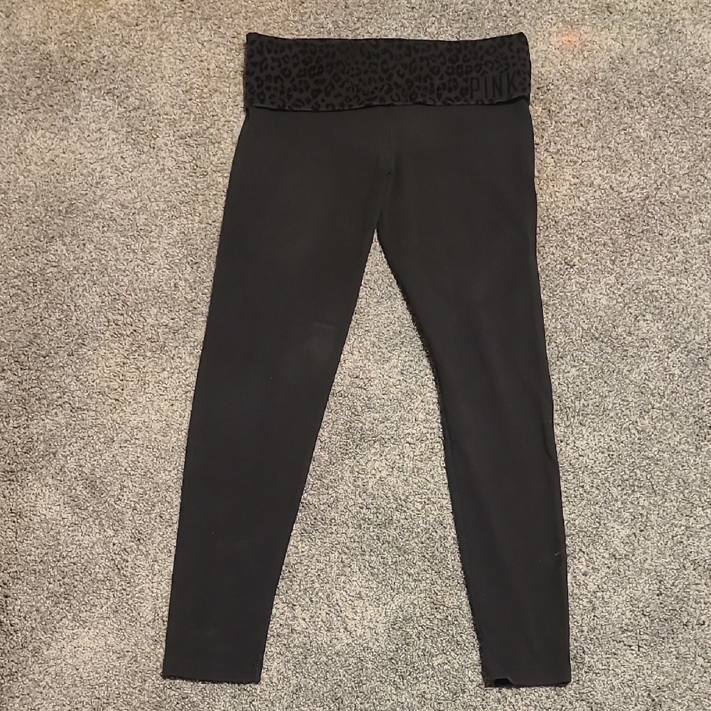 PINK Victoria's Secret Black Leggings with Velvet Raised Cheetah Accents